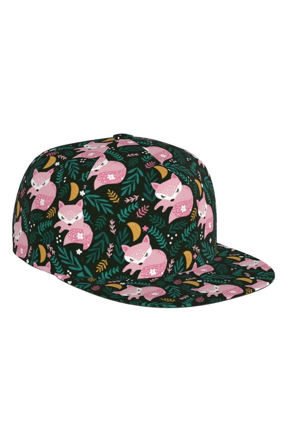 Flat Bill Trucker Hats for Women Men - Pink Sleeping Fox Adjustable Flat Baseball Cap Snapback Hats Dad Hats for Men