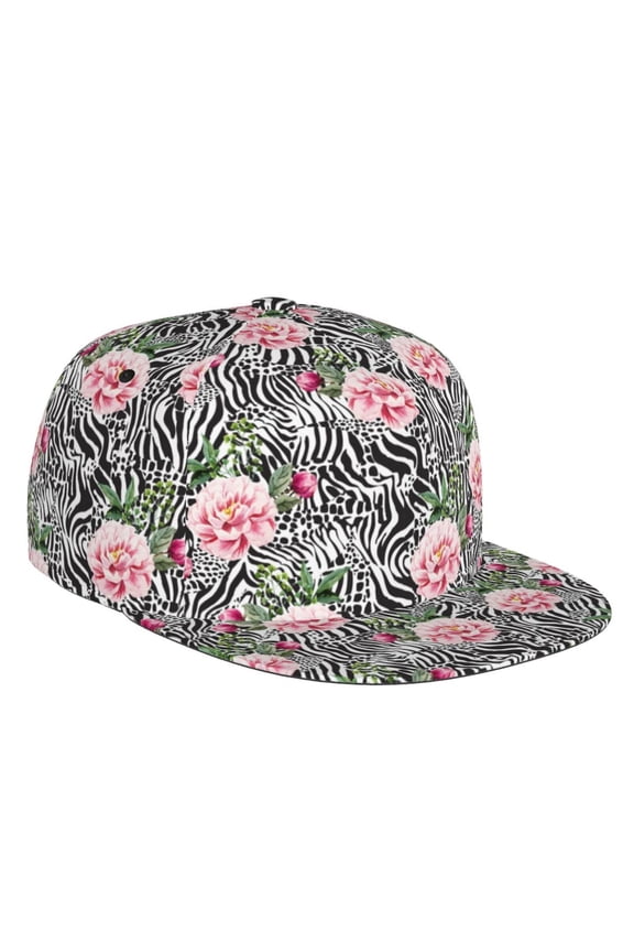 Flat Bill Trucker Hats for Women Men - Pink rose Zebra print Adjustable Flat Baseball Cap Snapback Hats Dad Hats for Men