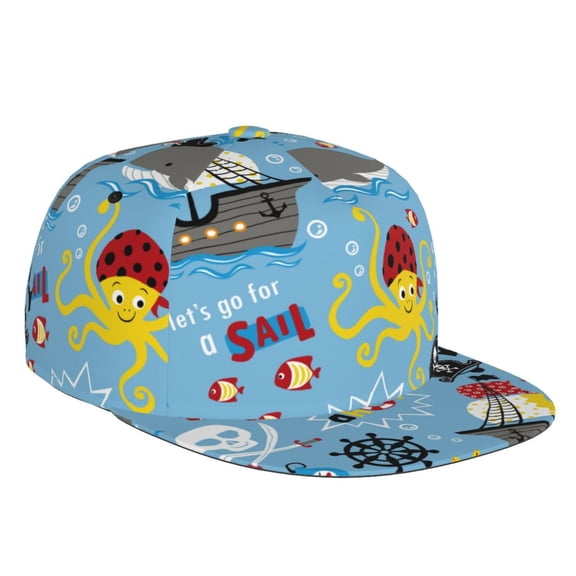 Flat Bill Trucker Hats for Women Men - Pirate Marine Animals Adjustable Flat Baseball Cap Snapback Hats Dad Hats for Men