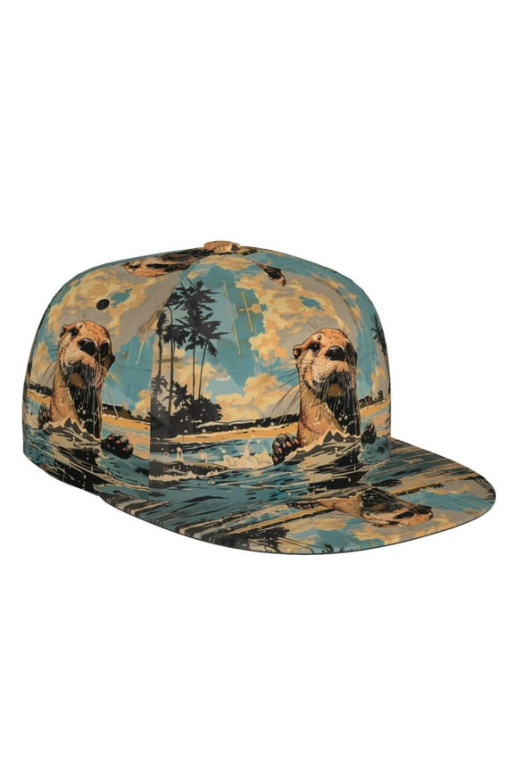 Flat Bill Trucker Hats for Women Men - Playful Otter Tropical Beach Adjustable Flat Baseball Cap Snapback Hats Dad Hats for Men