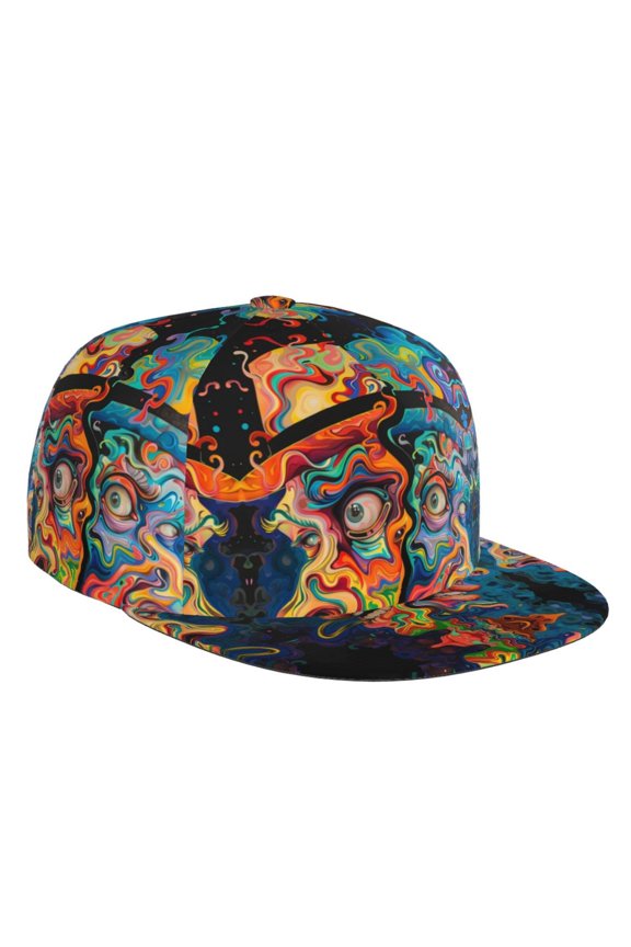 Flat Bill Trucker Hats for Women Men - Psychedelic Faces Colorful Adjustable Flat Baseball Cap Snapback Hats Dad Hats for Men