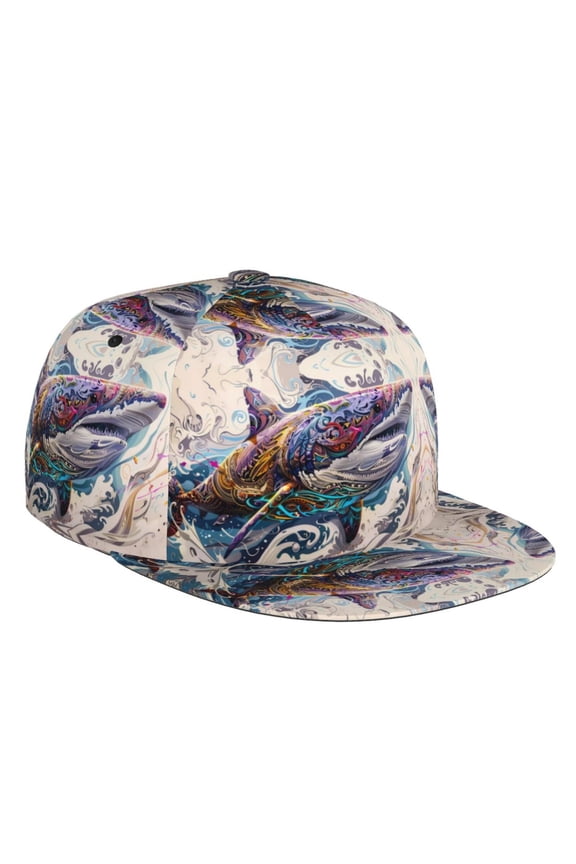 Flat Bill Trucker Hats for Women Men - Psychedelic Shark Artwork Adjustable Flat Baseball Cap Snapback Hats Dad Hats for Men