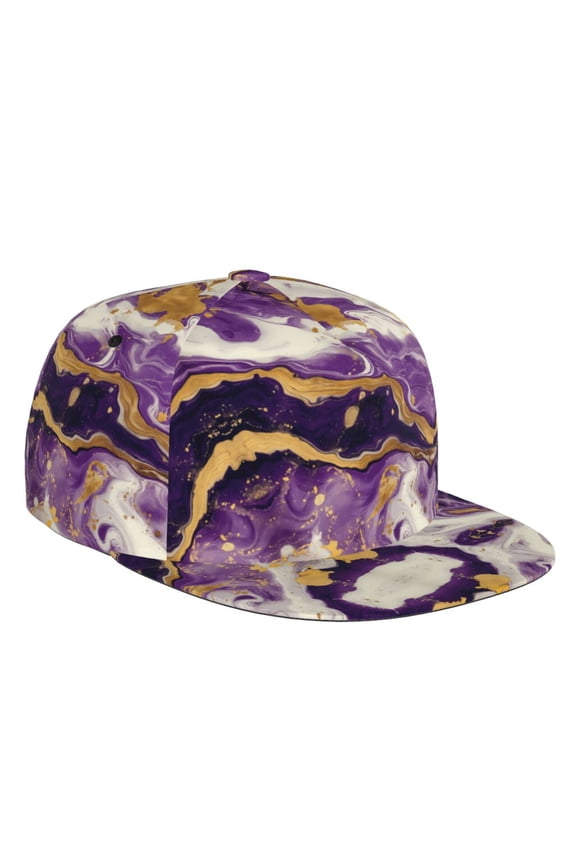 Flat Bill Trucker Hats for Women Men - Purple Gold Marble Swirls Adjustable Flat Baseball Cap Snapback Hats Dad Hats for Men