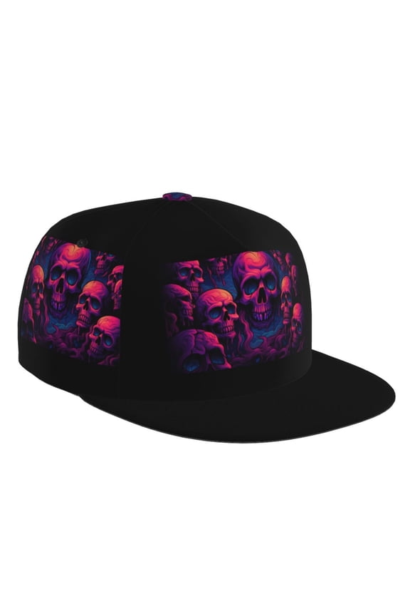 Flat Bill Trucker Hats for Women Men - Purple-Red Skull Adjustable Flat Baseball Cap Snapback Hats Dad Hats for Men