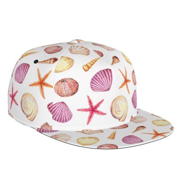 Flat Bill Trucker Hats for Women Men - Purple White Shell Conch Adjustable Flat Baseball Cap Snapback Hats Dad Hats for Men
