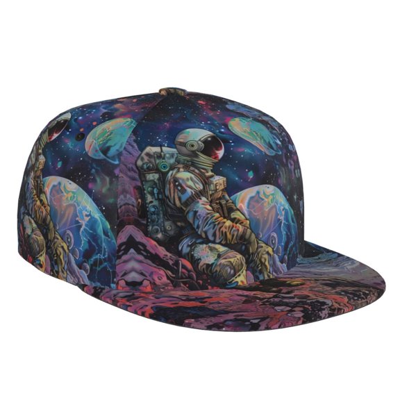 Flat Bill Trucker Hats for Women Men - Rainbow Astronaut Space Landscape Adjustable Flat Baseball Cap Snapback Hats Dad Hats for Men