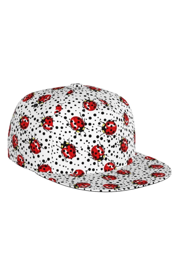 Flat Bill Trucker Hats for Women Men - Red Ladybugs On Black Dotted Adjustable Flat Baseball Cap Snapback Hats Dad Hats for Men