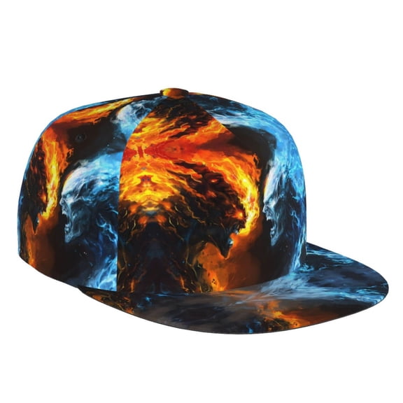 Flat Bill Trucker Hats for Women Men - Red and Blue Fire Skull Warrior Adjustable Flat Baseball Cap Snapback Hats Dad Hats for Men