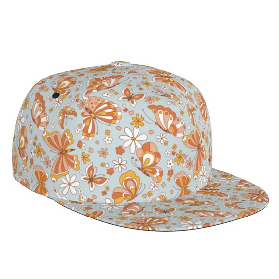 Flat Bill Trucker Hats for Women Men - Retro Floral Butterfly Adjustable Flat Baseball Cap Snapback Hats Dad Hats for Men