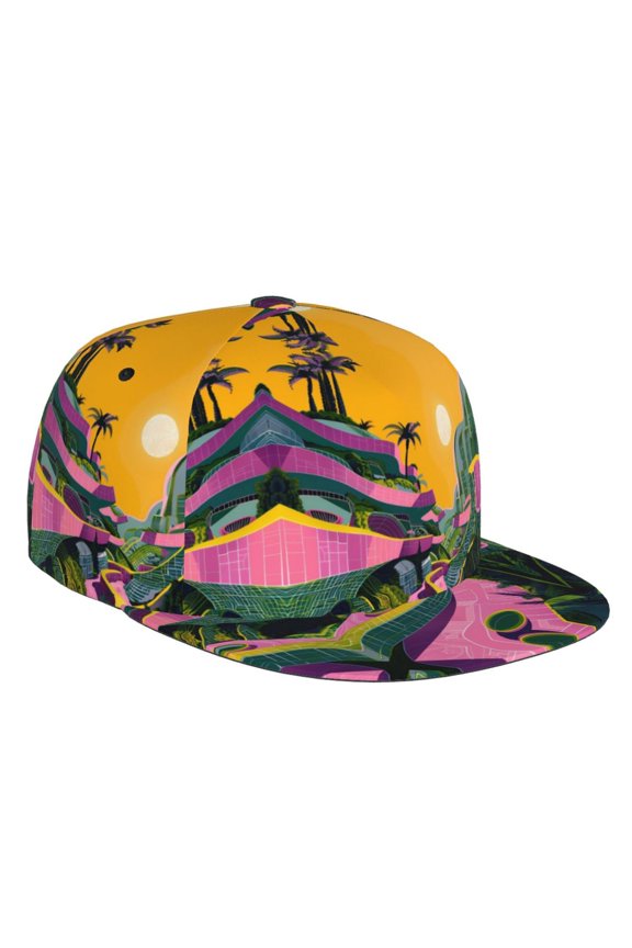 Flat Bill Trucker Hats for Women Men - Retro Futuristic Landscape Adjustable Flat Baseball Cap Snapback Hats Dad Hats for Men