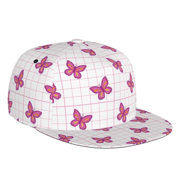 Flat Bill Trucker Hats for Women Men - Retro Pink butterfly Grid Y2K 90s Adjustable Flat Baseball Cap Snapback Hats Dad Hats for Men