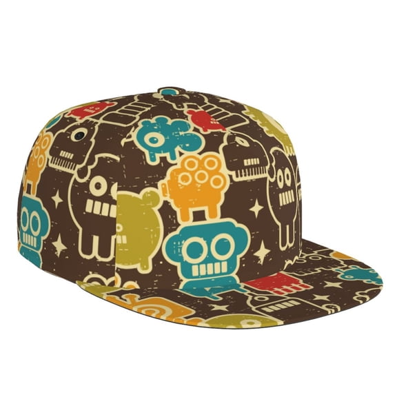 Flat Bill Trucker Hats for Women Men - Robot and Monsters Adjustable Flat Baseball Cap Snapback Hats Dad Hats for Men