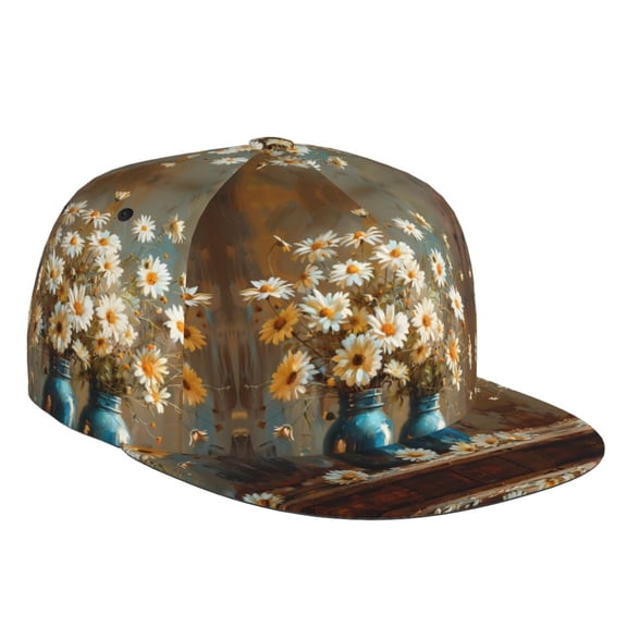 Flat Bill Trucker Hats for Women Men - Rustic Daisy Mason Jars Adjustable Flat Baseball Cap Snapback Hats Dad Hats for Men