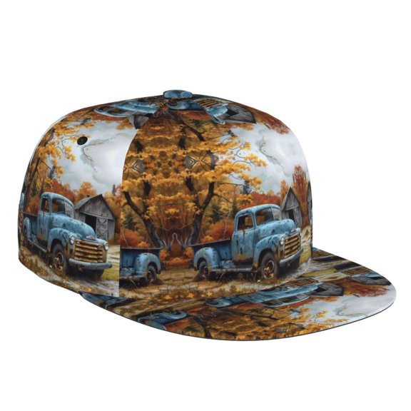 Flat Bill Trucker Hats for Women Men - Rustic Vintage Truck Autumn Adjustable Flat Baseball Cap Snapback Hats Dad Hats for Men