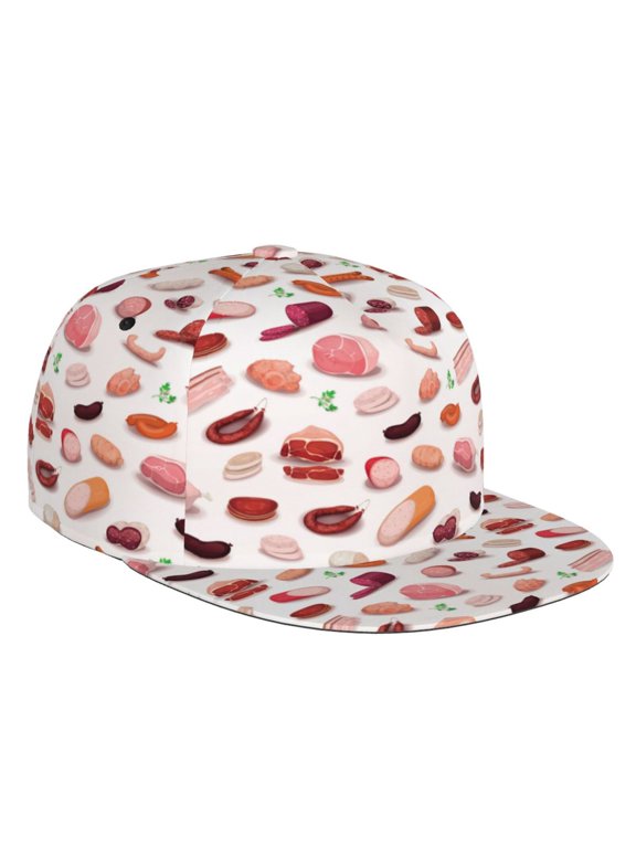 Flat Bill Trucker Hats for Women Men - Sausage Ham Print Adjustable Flat Baseball Cap Snapback Hats Dad Hats for Men