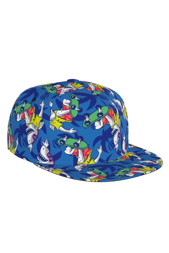 Flat Bill Trucker Hats for Women Men - Sharks Skateboarding With Palm Adjustable Flat Baseball Cap Snapback Hats Dad Hats for Men