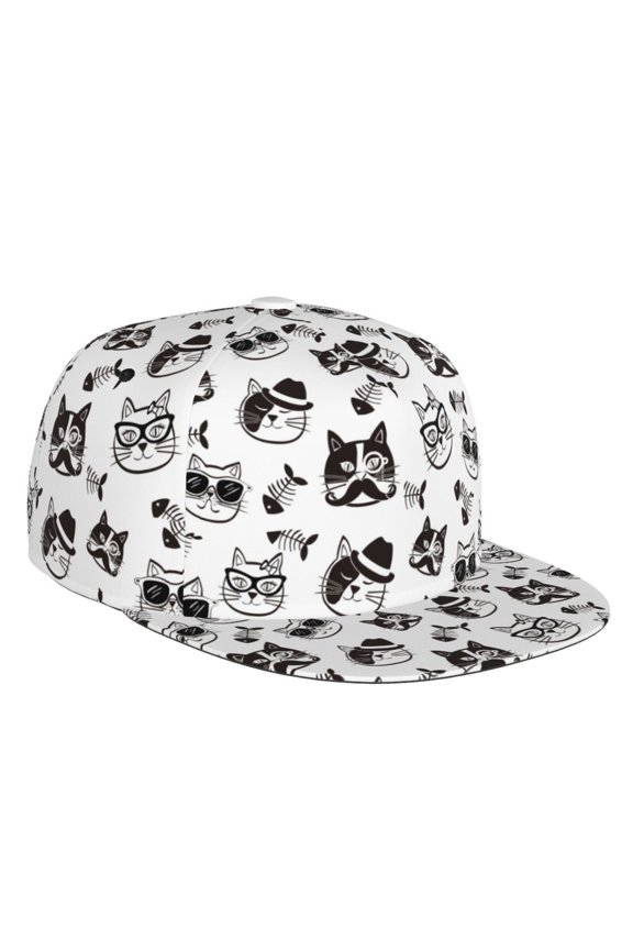 Flat Bill Trucker Hats for Women Men - Sketch Line Cute Cat Fish Bone Adjustable Flat Baseball Cap Snapback Hats Dad Hats for Men