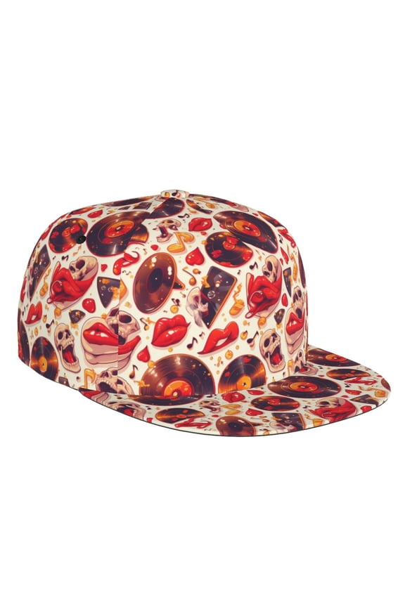 Flat Bill Trucker Hats for Women Men - Skull rock record music heart Adjustable Flat Baseball Cap Snapback Hats Dad Hats for Men