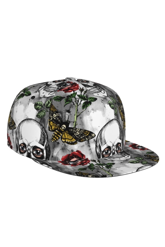 Flat Bill Trucker Hats for Women Men - Skulls Roses Adjustable Flat Baseball Cap Snapback Hats Dad Hats for Men