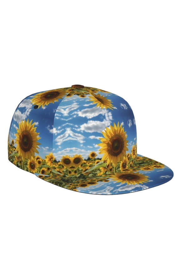 Flat Bill Trucker Hats for Women Men - Sky Golden Sunflower Field Adjustable Flat Baseball Cap Snapback Hats Dad Hats for Men
