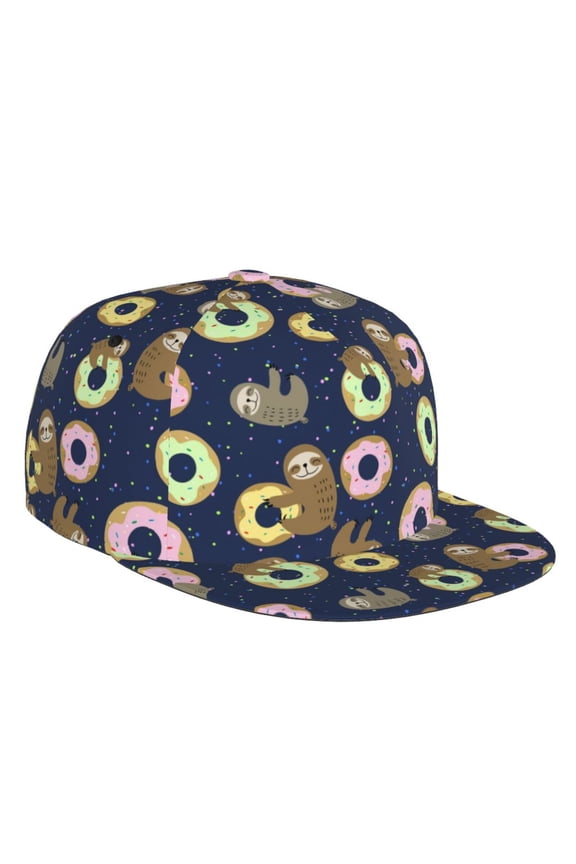 Flat Bill Trucker Hats for Women Men - Sloth with Donuts Adjustable Flat Baseball Cap Snapback Hats Dad Hats for Men