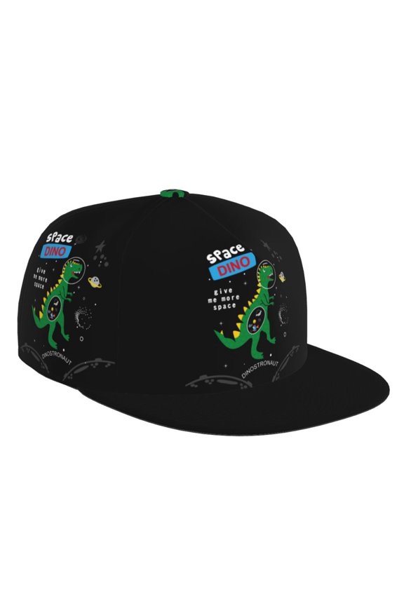 Flat Bill Trucker Hats for Women Men - Space Dino Cartoon Black Adjustable Flat Baseball Cap Snapback Hats Dad Hats for Men