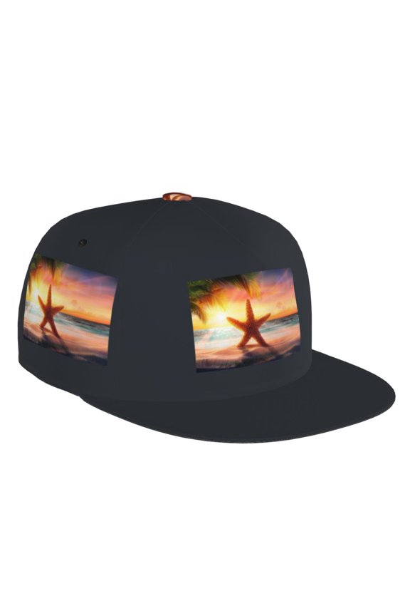 Flat Bill Trucker Hats for Women Men - Starfish Sunset Sea Beach Adjustable Flat Baseball Cap Snapback Hats Dad Hats for Men