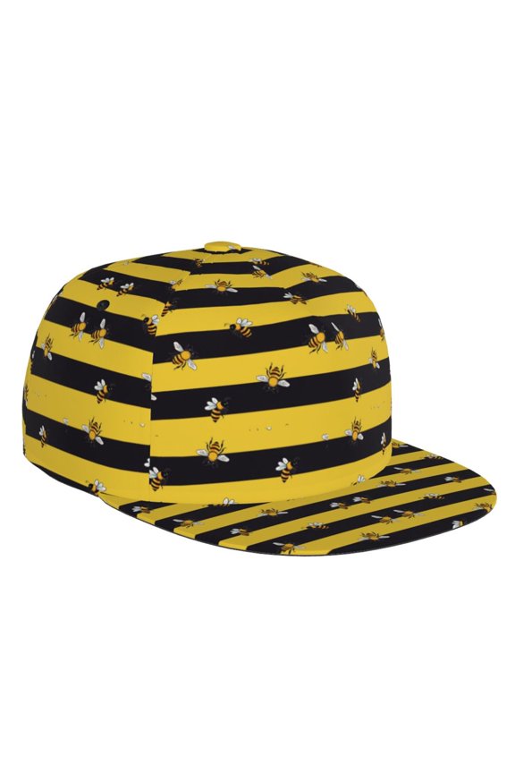 Flat Bill Trucker Hats for Women Men - Striped With Bees Adjustable Flat Baseball Cap Snapback Hats Dad Hats for Men