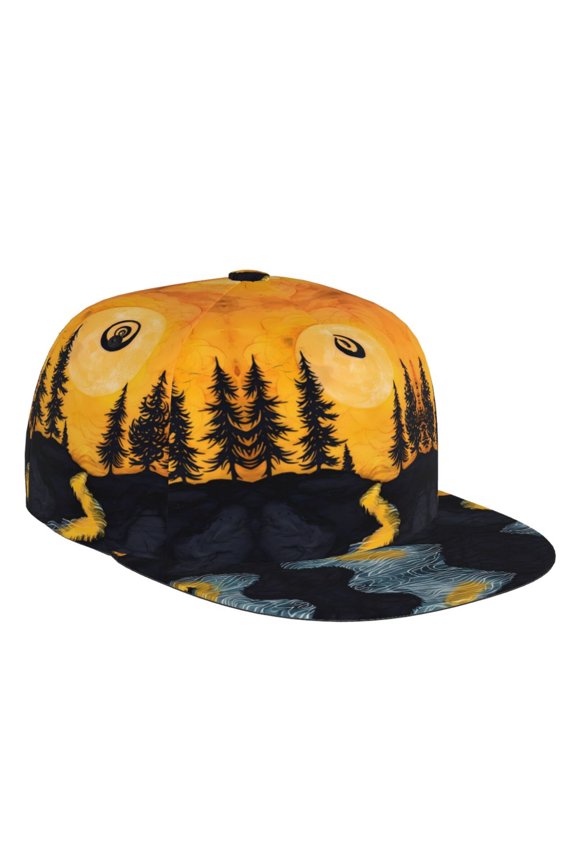 Flat Bill Trucker Hats for Women Men - Sunset River Pine Trees Adjustable Flat Baseball Cap Snapback Hats Dad Hats for Men