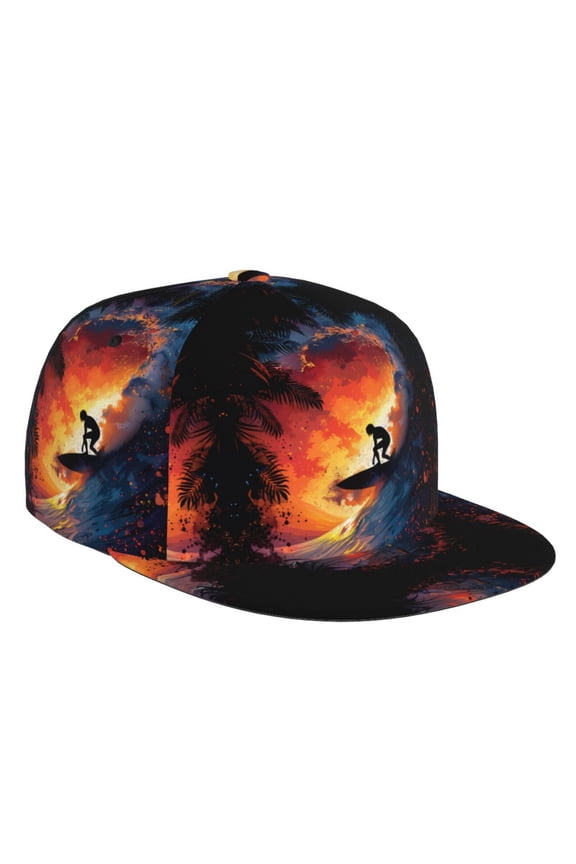 Flat Bill Trucker Hats for Women Men - Sunset Surfing Silhouette Adjustable Flat Baseball Cap Snapback Hats Dad Hats for Men