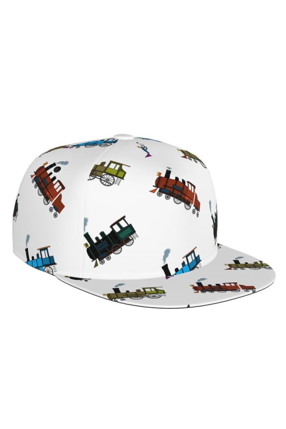 Flat Bill Trucker Hats for Women Men - Train Pattern colorful Adjustable Flat Baseball Cap Snapback Hats Dad Hats for Men