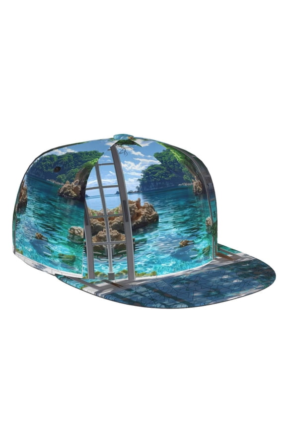 Flat Bill Trucker Hats for Women Men - Tropical Paradise Window View Adjustable Flat Baseball Cap Snapback Hats Dad Hats for Men