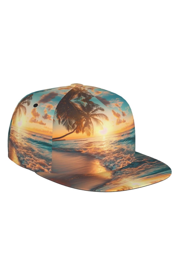 Flat Bill Trucker Hats for Women Men - Tropical Sunset Beach Scene Adjustable Flat Baseball Cap Snapback Hats Dad Hats for Men