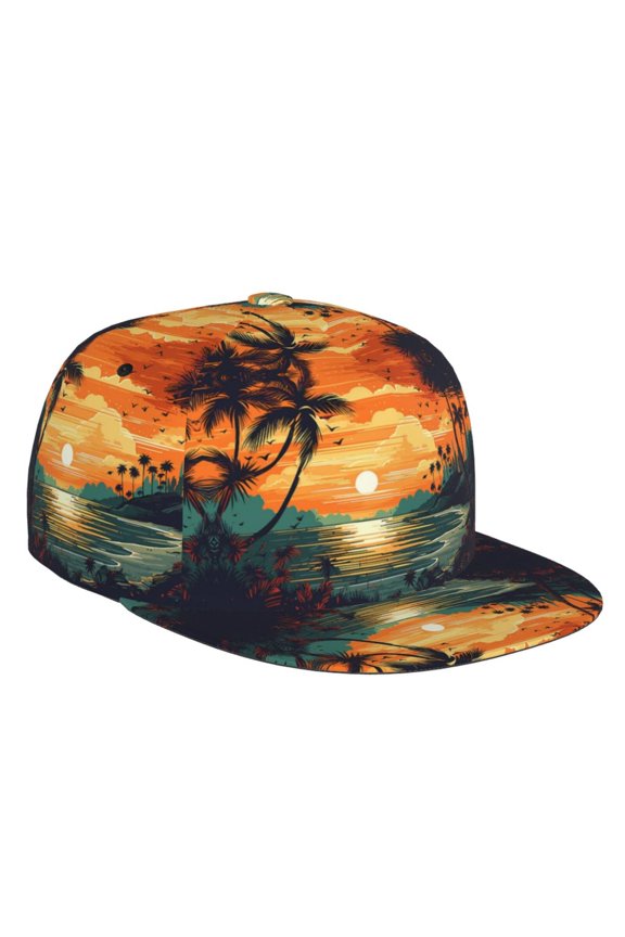 Flat Bill Trucker Hats for Women Men - Tropical Sunset Paradise Adjustable Flat Baseball Cap Snapback Hats Dad Hats for Men