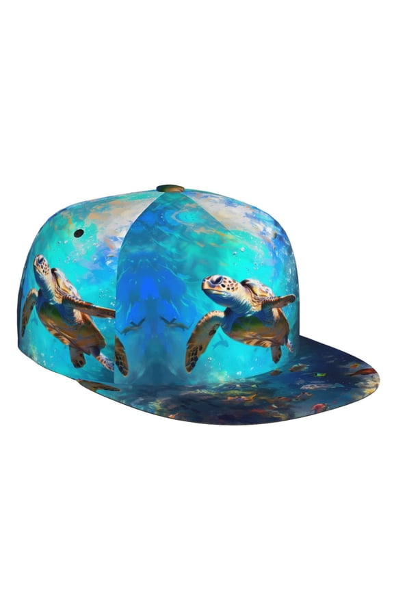 Flat Bill Trucker Hats for Women Men - Underwater Fish Turtle Adjustable Flat Baseball Cap Snapback Hats Dad Hats for Men