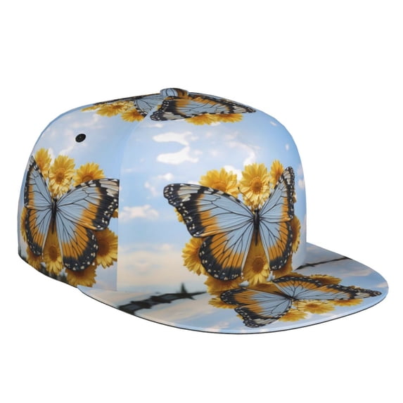 Flat Bill Trucker Hats for Women Men - Vibrant Butterfly And Sunflowers Adjustable Flat Baseball Cap Snapback Hats Dad Hats for Men