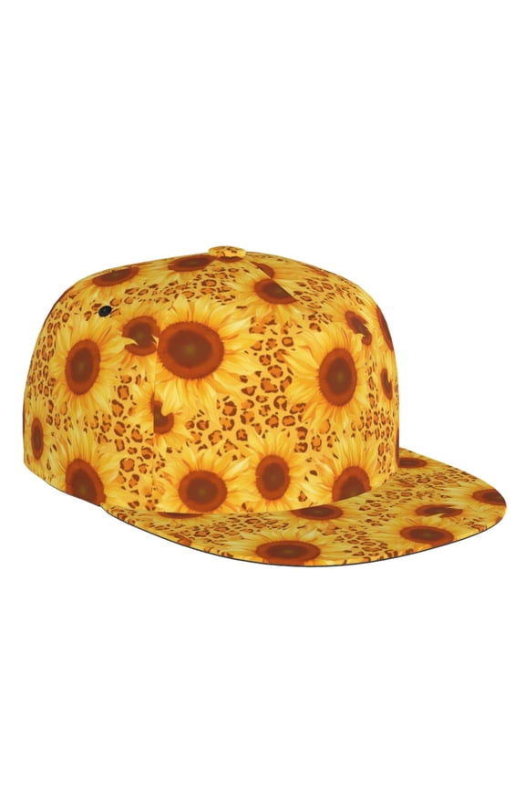 Flat Bill Trucker Hats for Women Men - Vintage Leopard Print Sunflower Adjustable Flat Baseball Cap Snapback Hats Dad Hats for Men