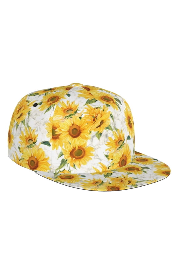 Flat Bill Trucker Hats for Women Men - Vintage Marble Pattern Sunflower Adjustable Flat Baseball Cap Snapback Hats Dad Hats for Men