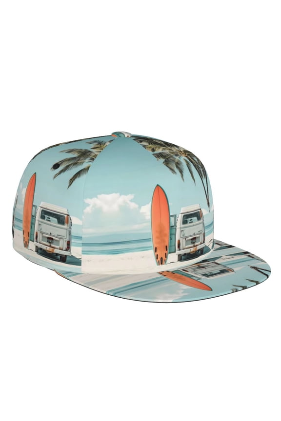 Flat Bill Trucker Hats for Women Men - Vintage Surf Van Beach Adjustable Flat Baseball Cap Snapback Hats Dad Hats for Men