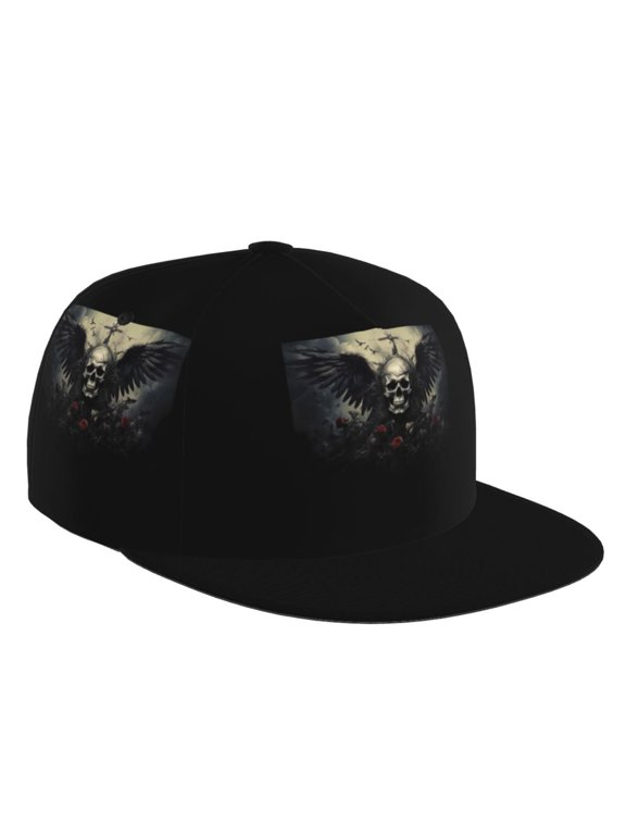 Flat Bill Trucker Hats for Women Men - Vintage Winged Rose Skull Adjustable Flat Baseball Cap Snapback Hats Dad Hats for Men