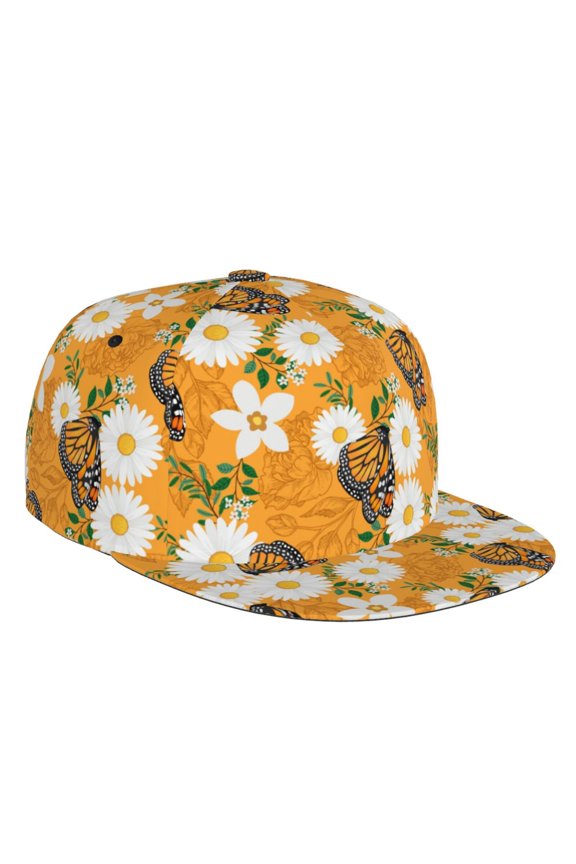 Flat Bill Trucker Hats for Women Men - White Floral and Butterflies Adjustable Flat Baseball Cap Snapback Hats Dad Hats for Men