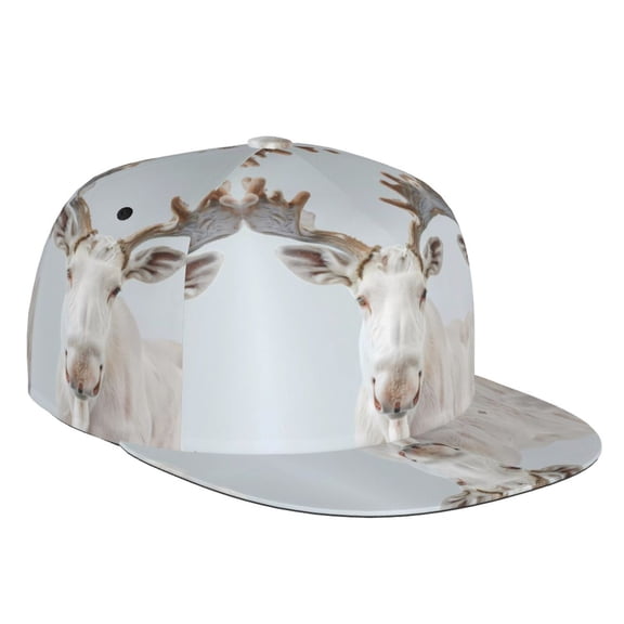 Flat Bill Trucker Hats for Women Men - White Reindeer Portrait Adjustable Flat Baseball Cap Snapback Hats Dad Hats for Men