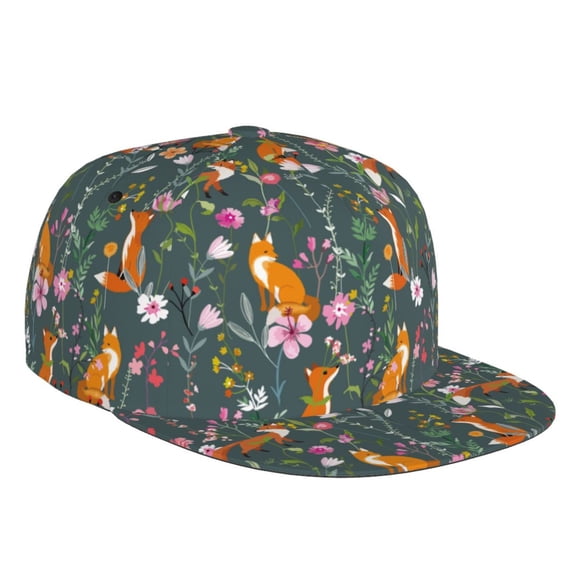 Flat Bill Trucker Hats for Women Men - Wolf Fox In Flower Forest Adjustable Flat Baseball Cap Snapback Hats Dad Hats for Men