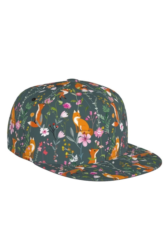 Flat Bill Trucker Hats for Women Men - Wolf Fox In Flower Forest Adjustable Flat Baseball Cap Snapback Hats Dad Hats for Men
