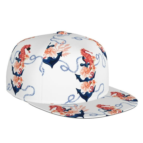 Flat Bill Trucker Hats for Women Men - anchor hibiscus ropes sea horse Adjustable Flat Baseball Cap Snapback Hats Dad Hats for Men