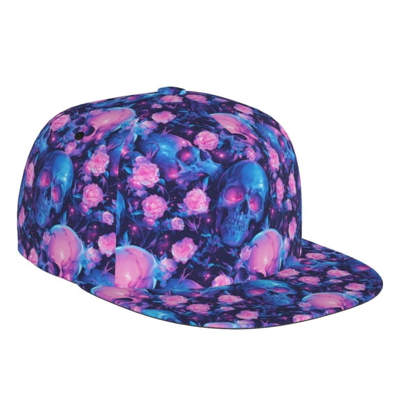 Flat Bill Trucker Hats for Women Men - blue Skull pink rose Adjustable Flat Baseball Cap Snapback Hats Dad Hats for Men
