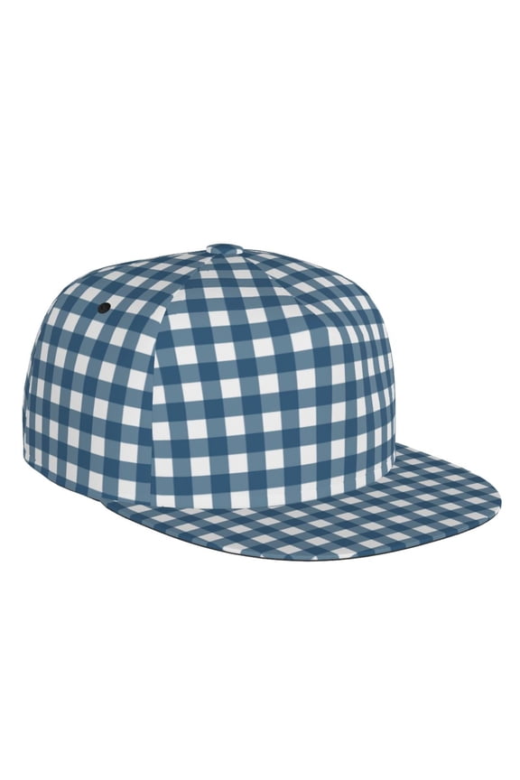 Flat Bill Trucker Hats for Women Men - blue gingham check plaid Adjustable Flat Baseball Cap Snapback Hats Dad Hats for Men