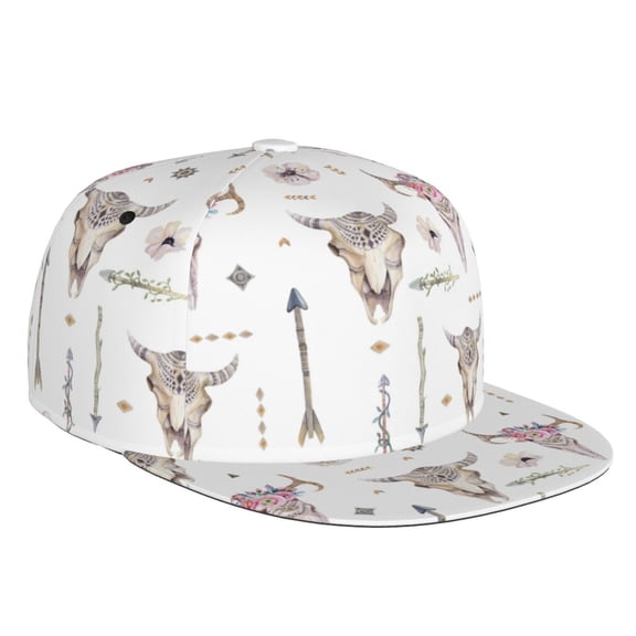 Flat Bill Trucker Hats for Women Men - boho cow skull arrows Indian Adjustable Flat Baseball Cap Snapback Hats Dad Hats for Men