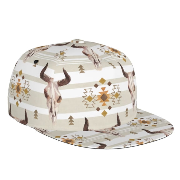 Flat Bill Trucker Hats for Women Men - bull cow skull boho Indian style Adjustable Flat Baseball Cap Snapback Hats Dad Hats for Men