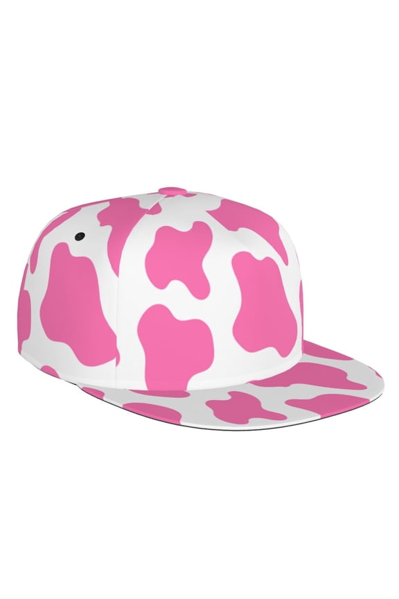 Flat Bill Trucker Hats for Women Men - cow pink print 90s 00s style Adjustable Flat Baseball Cap Snapback Hats Dad Hats for Men